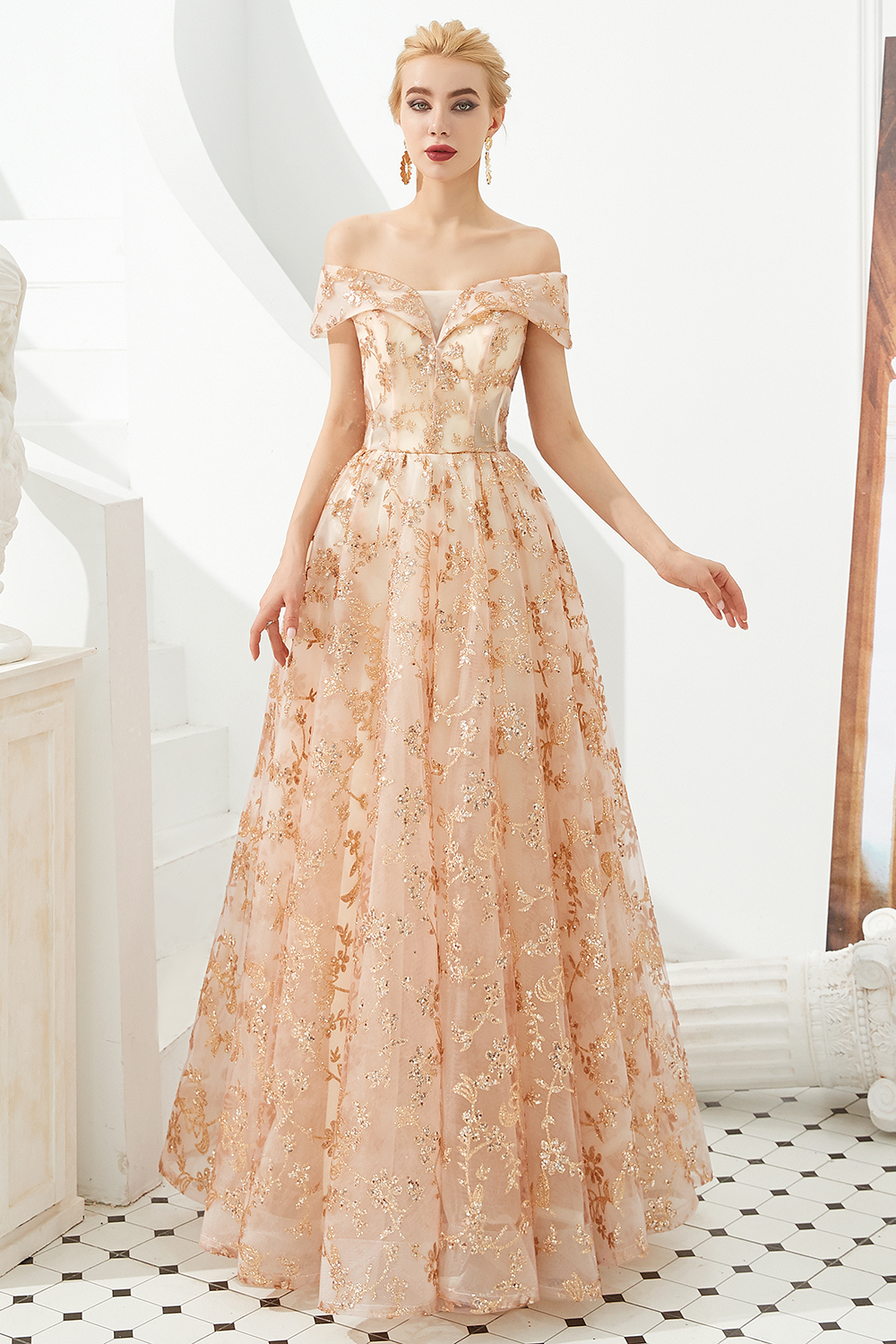 Ball Gown Off-the-shoulder Cap Sleeves Sweep / Brush Train Tulle Formal Dress With Sequins 3