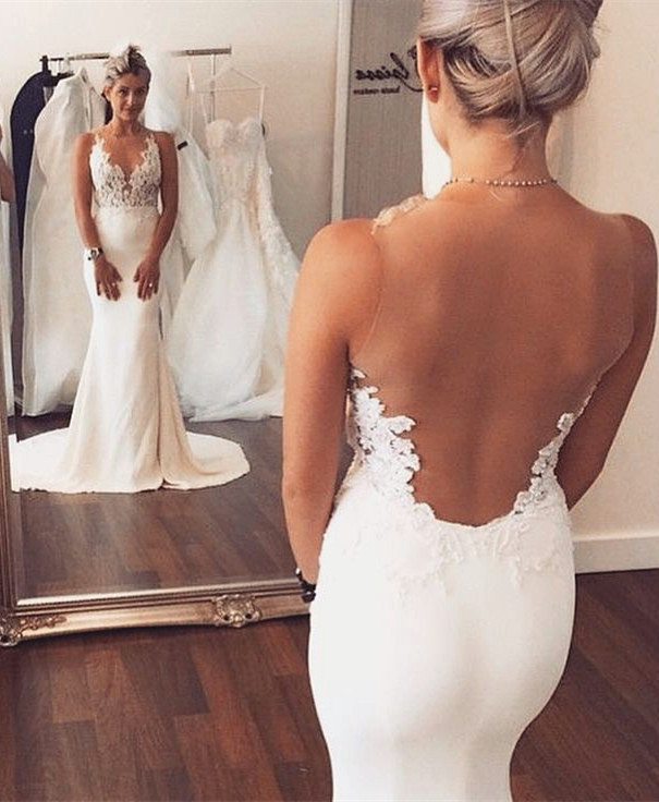 Mermaid Scoop Neck Sleeveless Sweep / Brush Train Wedding Gown With Lace 2