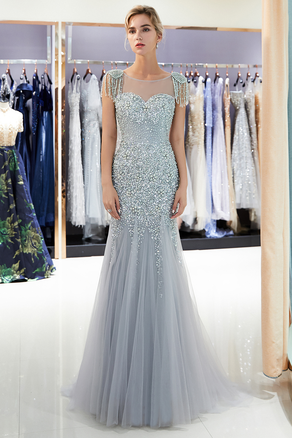 Mermaid Jewel Neck Sleeveless Sweep / Brush Train Tulle Evening Dress With Crystal Floral Pin 7
