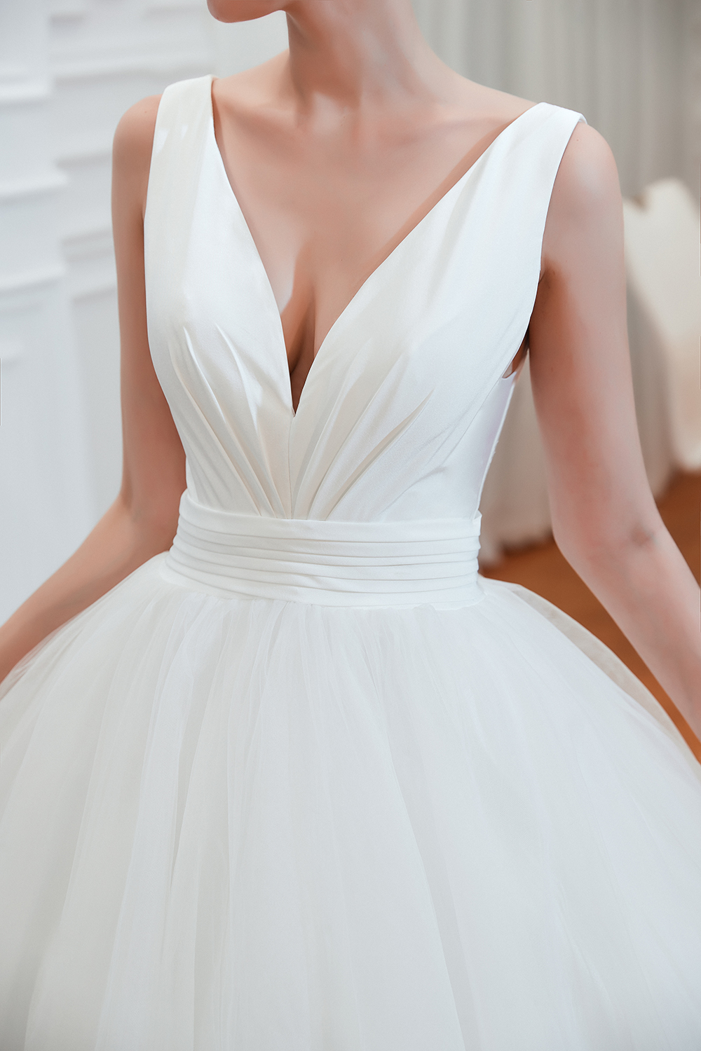 V-neck Sleeveless Cathedral Train Satin Bridal Gown With Ruffles 4
