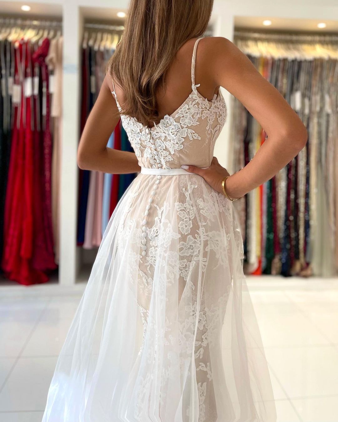 Mermaid Spaghetti Straps Sleeveless Floor-length Lace Evening Dress With Ruffles 6