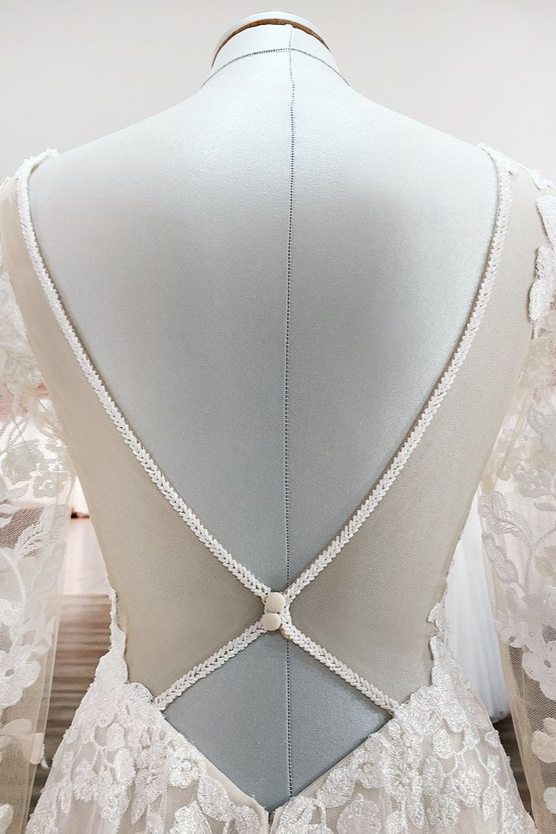 A-line V-neck Long Sleeves Sweep / Brush Train Tulle Bridal Gown With Ruffles 7