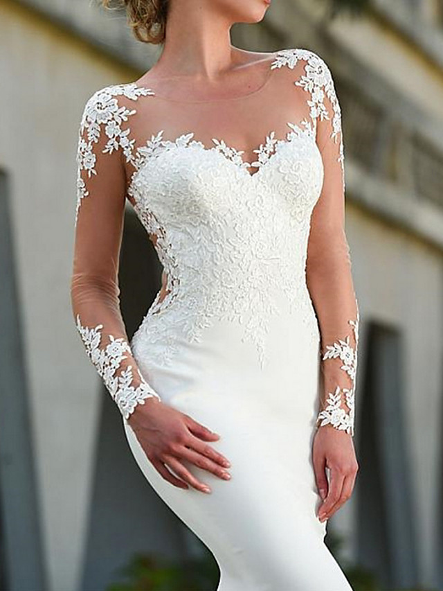 Mermaid Long Sleeves Sweep / Brush Train Lace Wedding Gown With Lace 2