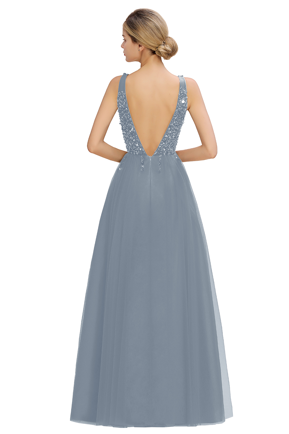 A-line V-neck Sleeveless Floor-length Tulle Evening Gown With Beading 14