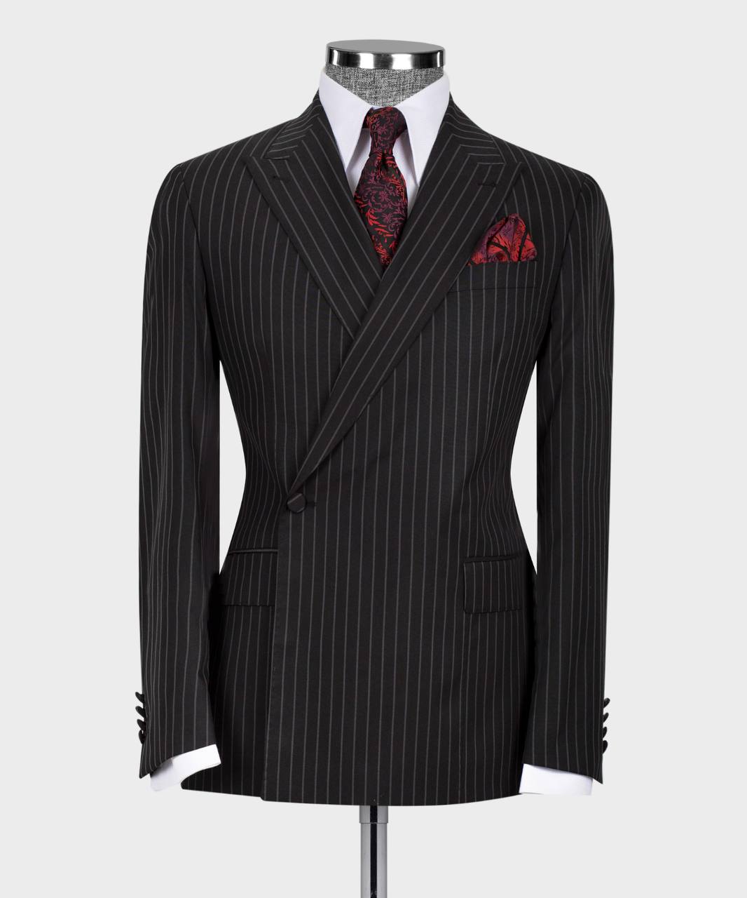 Black Striped One Button Peaked Lapel Two Pieces Men Suit 4