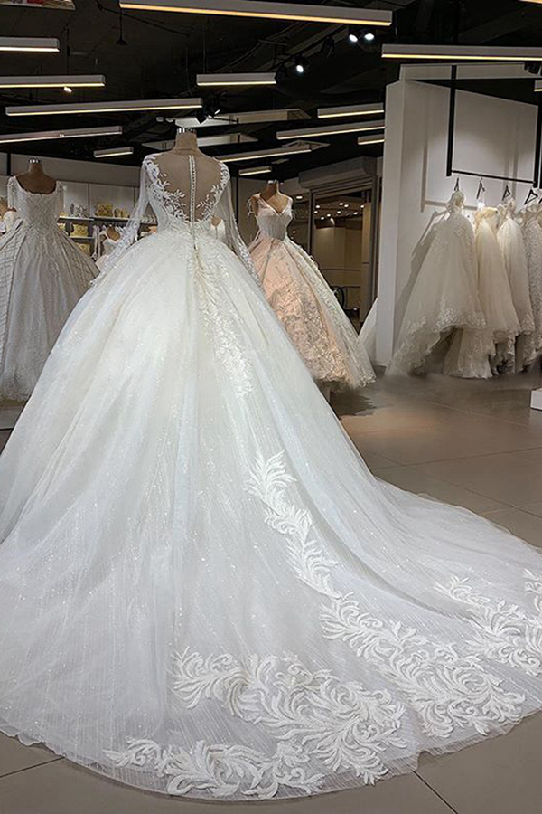 Ball Gown Sweetheart Neck Jewel Neck Long Sleeves Floor-length Tulle Wedding Gown With Appliques 2