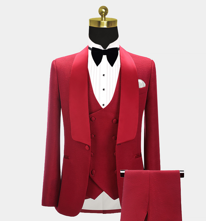 Red Three Pieces Shawl Lapel Wedding Grooms Suit 3