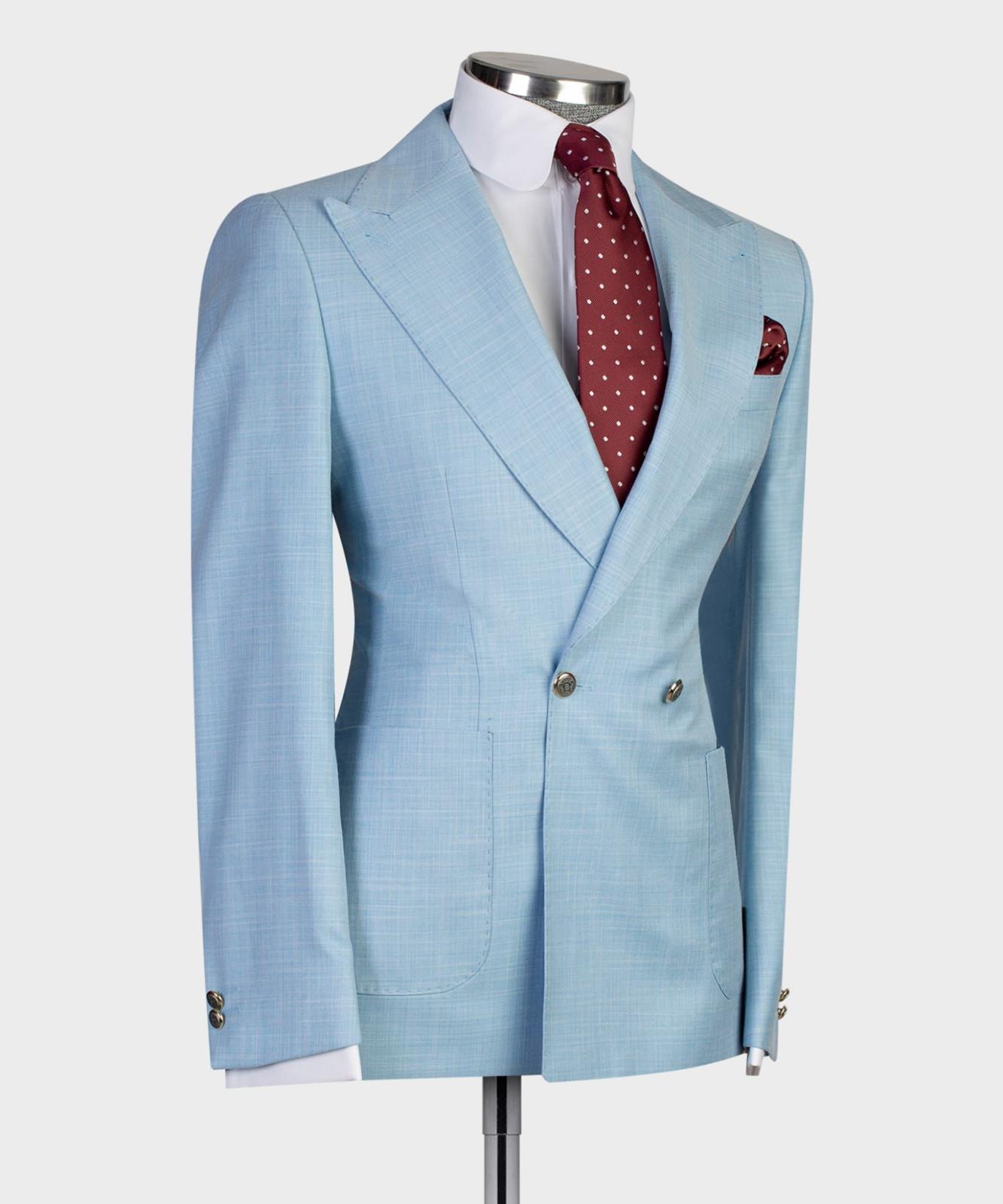 Sky Blue Double Breasted Men Suit with Peaked Lapel 3