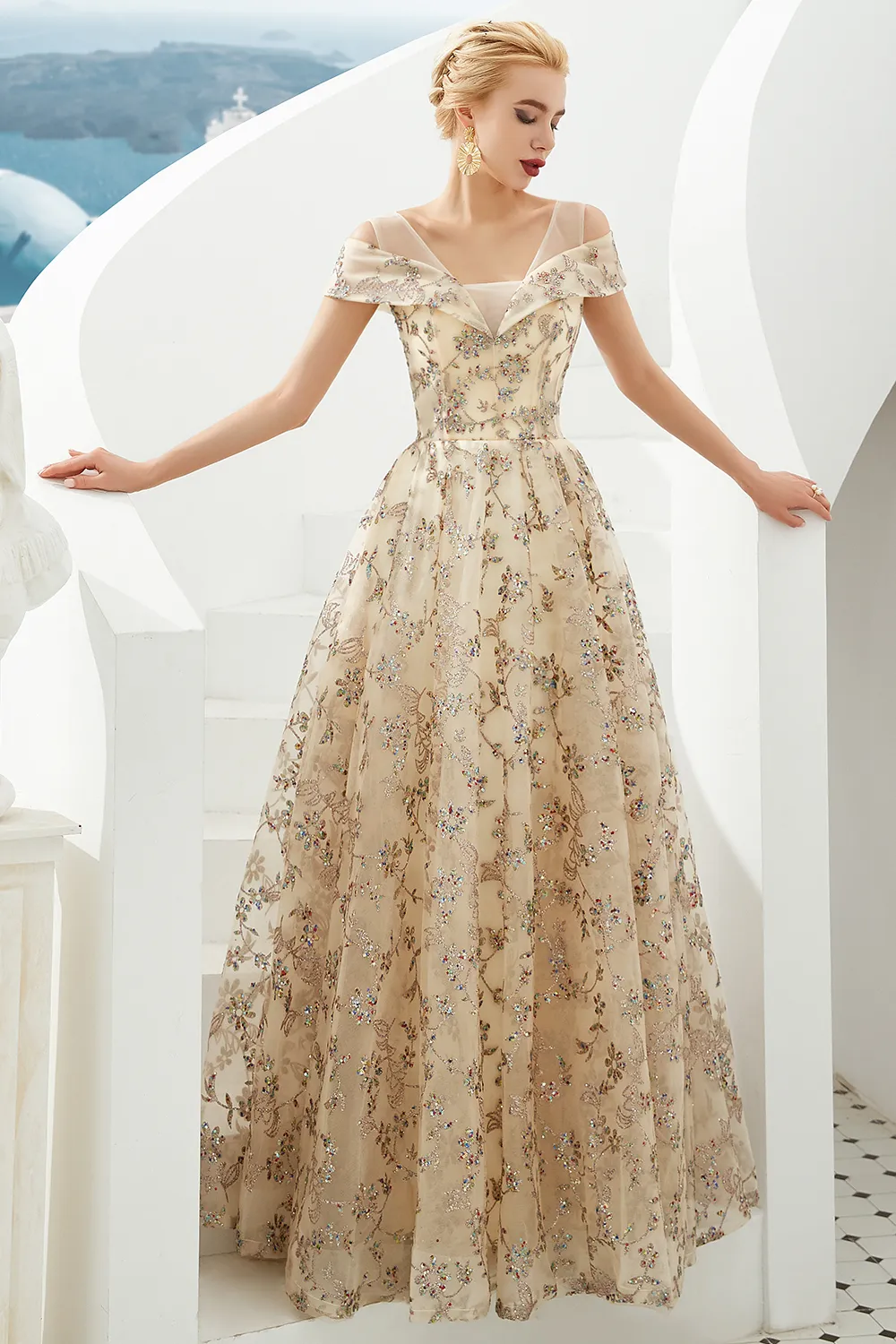 A-line V-neck Cap Sleeves Sweep / Brush Train Tulle Evening Dress With Sequins 5