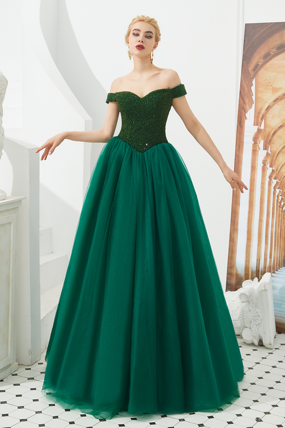 Off-the-shoulder Cap Sleeves Sweep / Brush Train Tulle Formal Dress With Beading 9