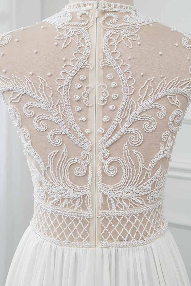 A-line Jewel Neck Sleeveless Floor-length 100D Chiffon Wedding Dress With Pearls 3
