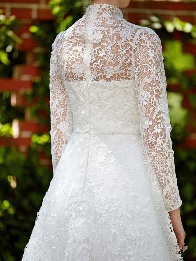 A-line Long Sleeves Court Train Lace Bridal Gown With Lace 12