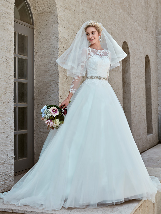 Ball Gown Bateau Neck Long Sleeves Chapel Train Tulle Bridal Gown With Lace 8