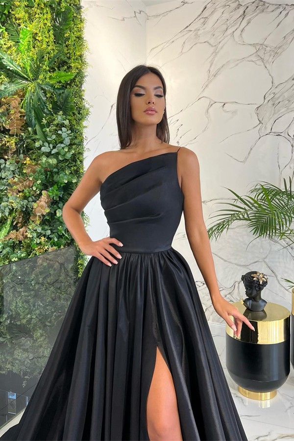 A-line One Shoulder Sleeveless Floor-length Stretch Satin Evening Gown With Ruffles 3