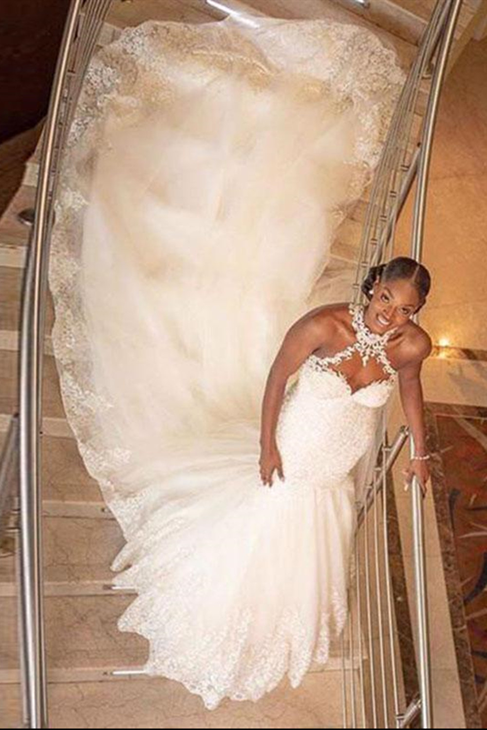 Mermaid Halter-neck Sleeveless Sweep / Brush Train Satin Bridal Gown With Beading 4