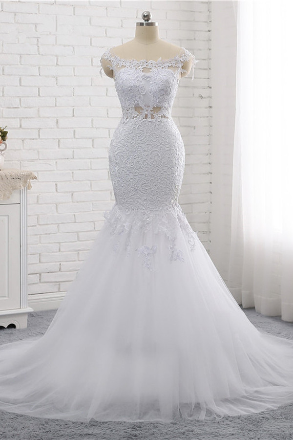 Mermaid Jewel Neck Sleeveless Floor-length Tulle Wedding Gown With Appliques 5
