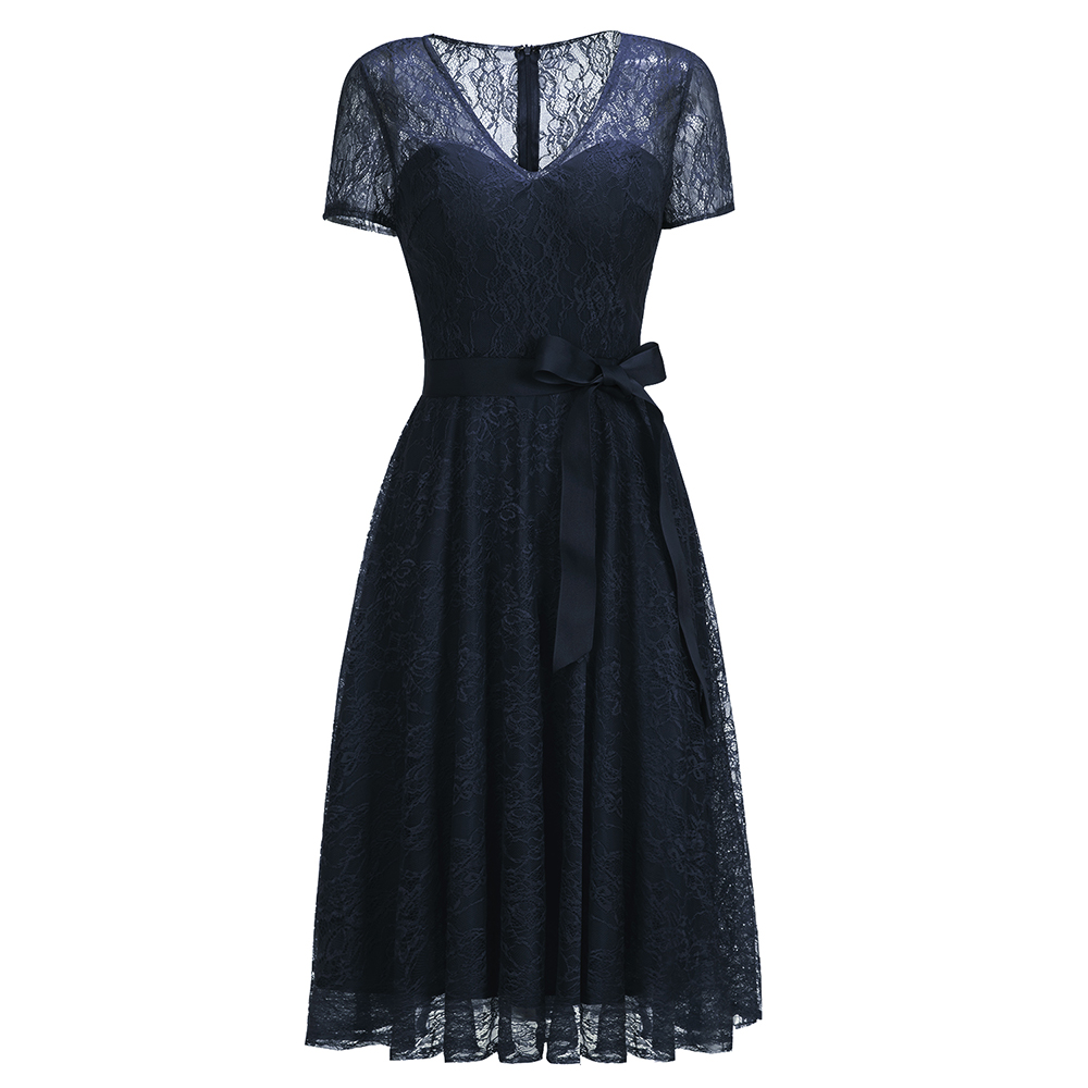 A-line V-neck Short Sleeves Mini Lace Bridesmaid Attire With Ribbons 13