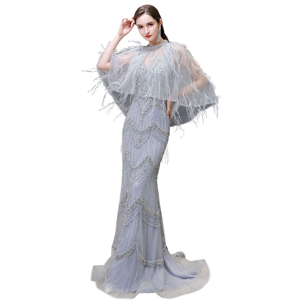 Mermaid V-neck Sleeveless Court Train Tulle Evening Gown With Feathers 12