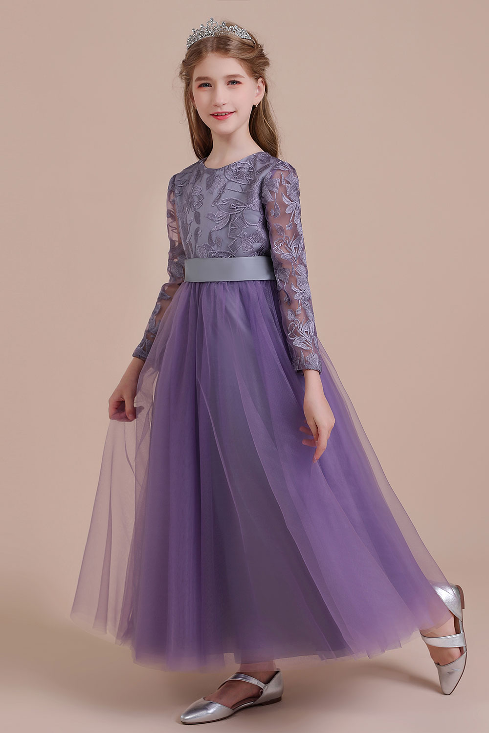 A-line Jewel Neck Long Sleeves Ankle-length Tulle Flower Girl Dress With Bow 3