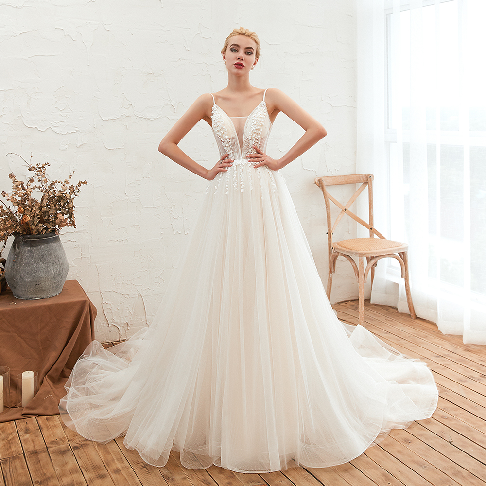 A-line Plunging Neckline Sleeveless Cathedral Train Tulle Wedding Gown With Flower(s) 7