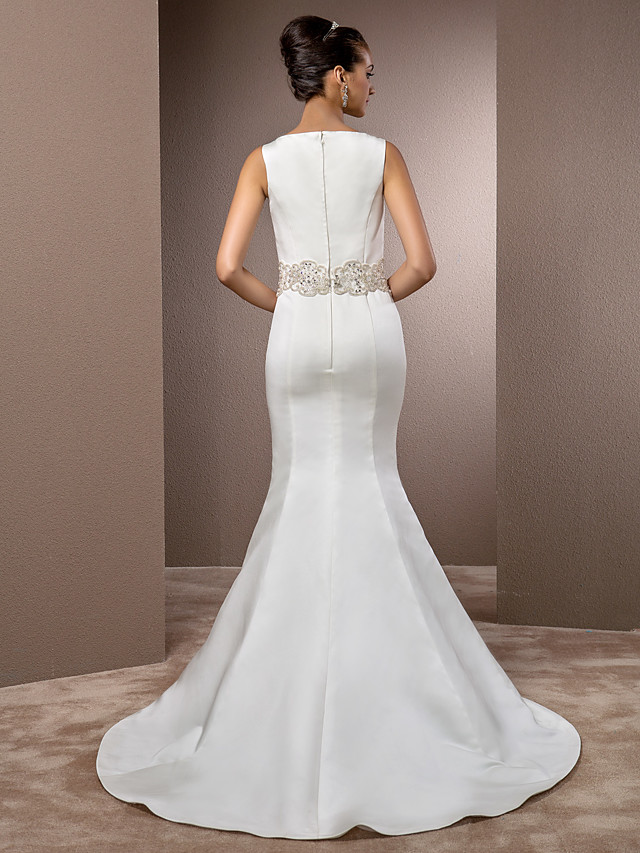Mermaid Straps Bateau Neck Cathedral Train Tulle Wedding Gown With Beading 9