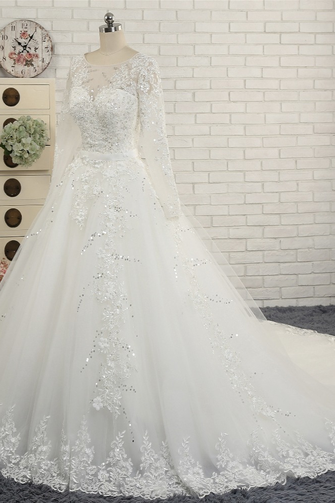 A-line Jewel Neck Long Sleeves Floor-length Tulle Wedding Dress With Sequins 4