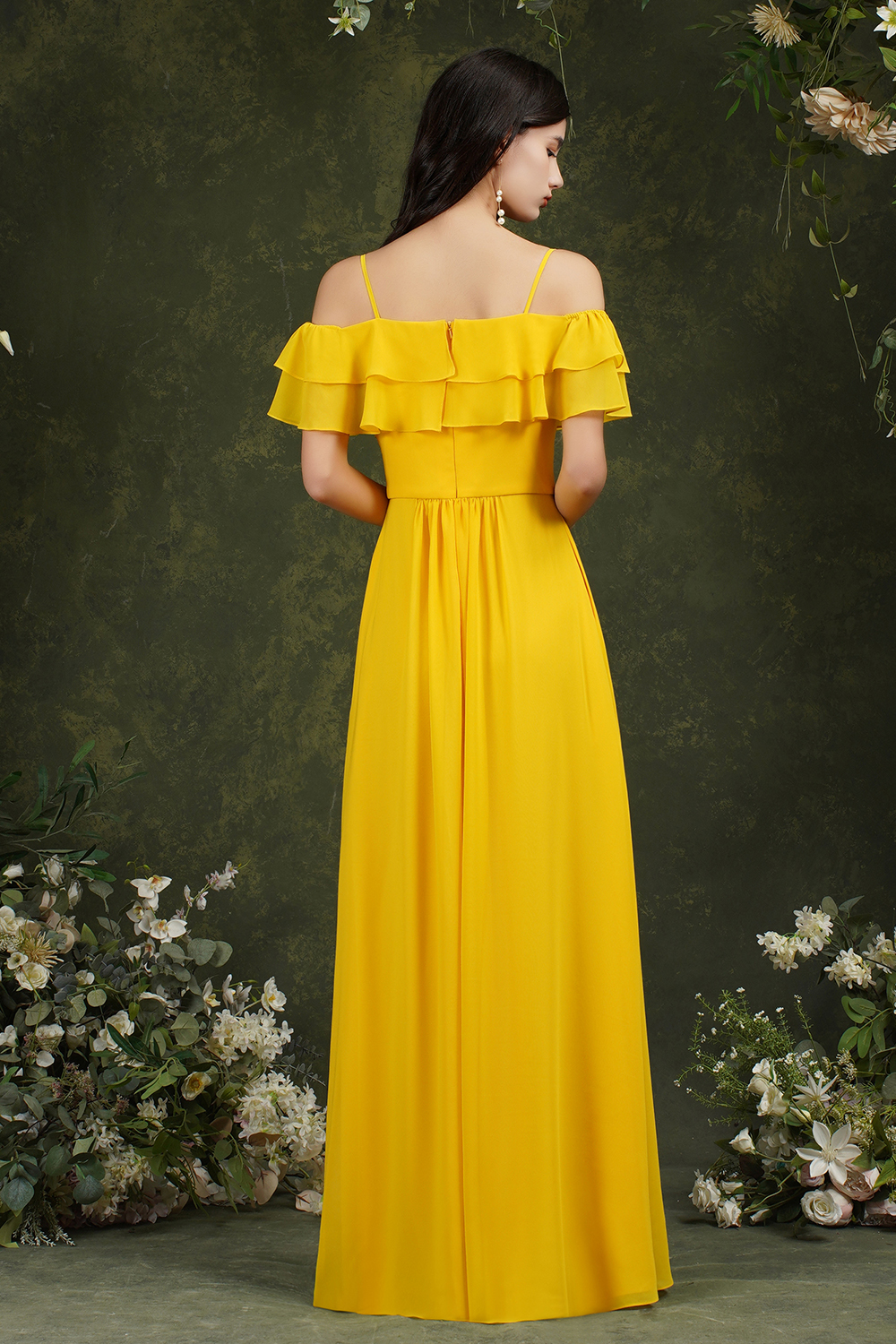 A-line Spaghetti Straps Cap Sleeves Floor-length 100D Chiffon Bridesmaid Dress With Split Front 5