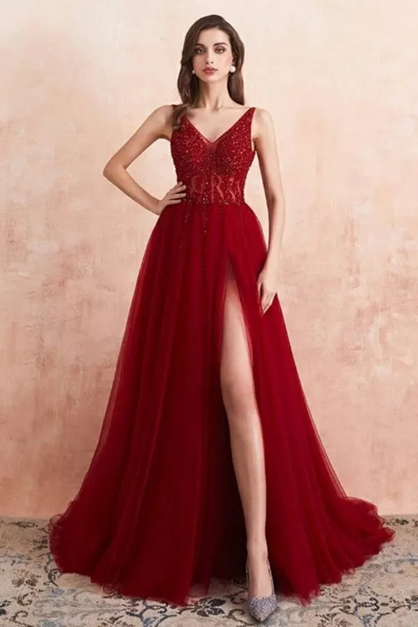 A-line V-neck Sleeveless Floor-length Tulle Evening Dress With Ruffles 1