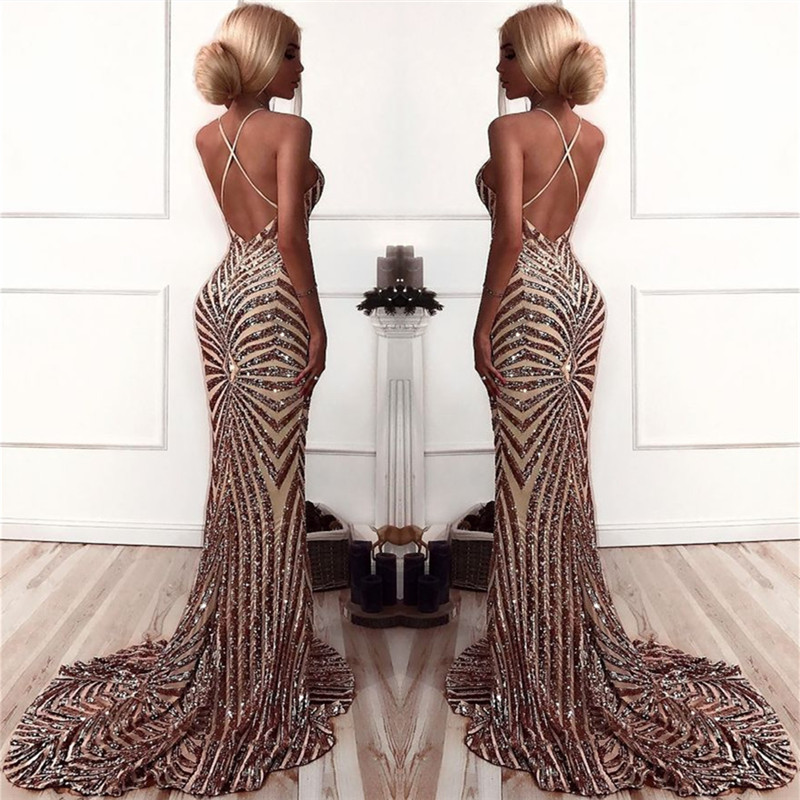 Column V-neck Sleeveless Court Train Evening Dress With Sequins 3