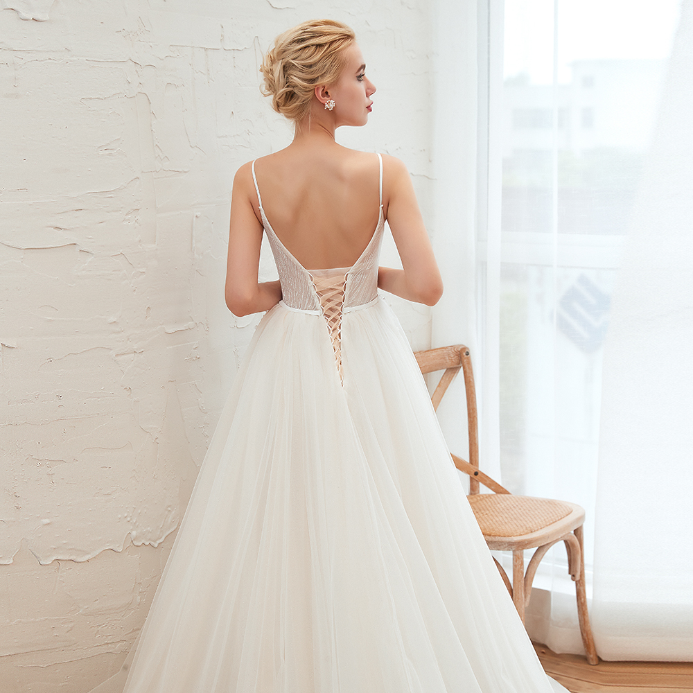 A-line Plunging Neckline Sleeveless Cathedral Train Tulle Wedding Gown With Flower(s) 15