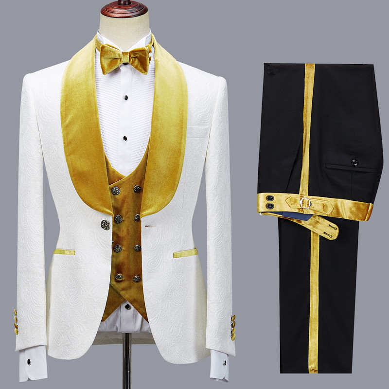 White Jacquard Three Pieces Men's Suit with Velvet Lapel for Wedding 3