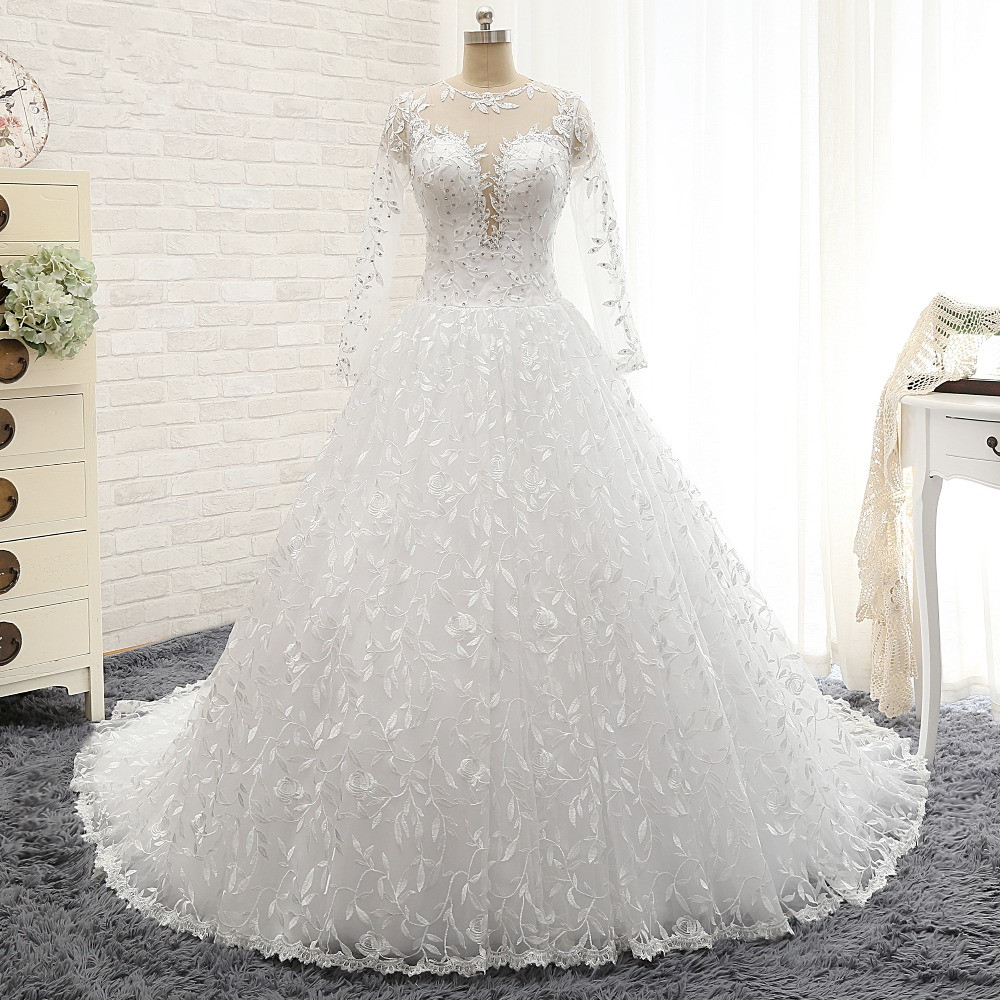 A-line Jewel Neck Long Sleeves Floor-length Tulle Bridal Dress With Appliques 6