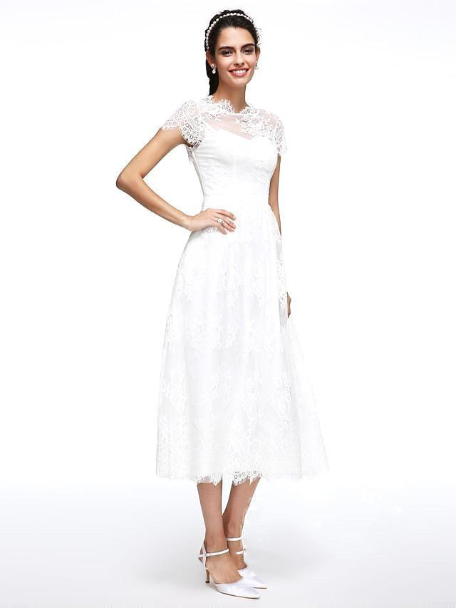 A-line Strapless Short Sleeves Tea-length 100D Chiffon Wedding Gown With Lace 3