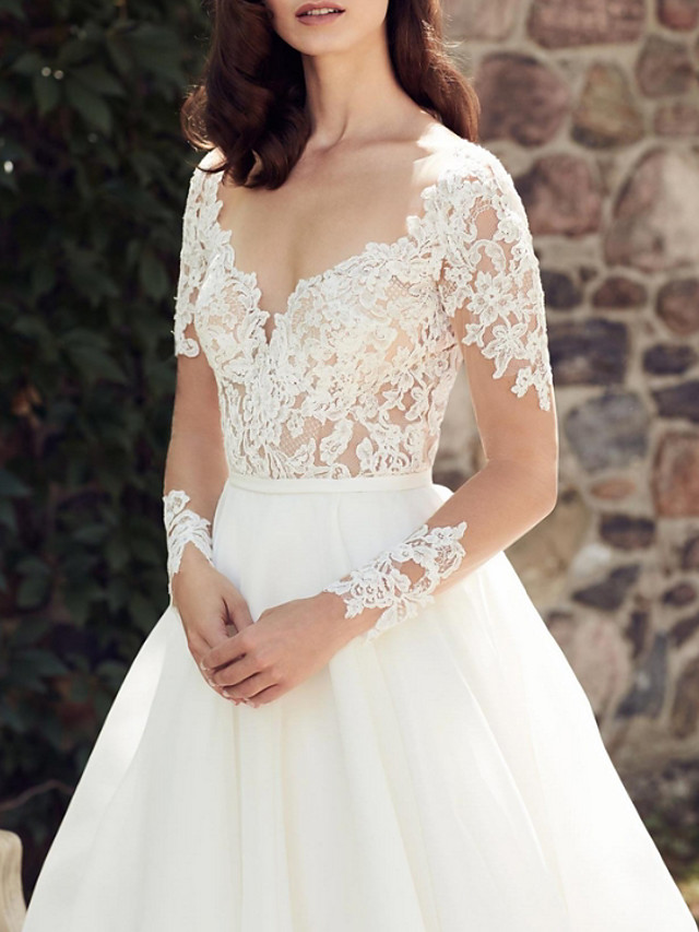A-line V-neck Long Sleeves Court Train Lace Bridal Gown With Lace 2