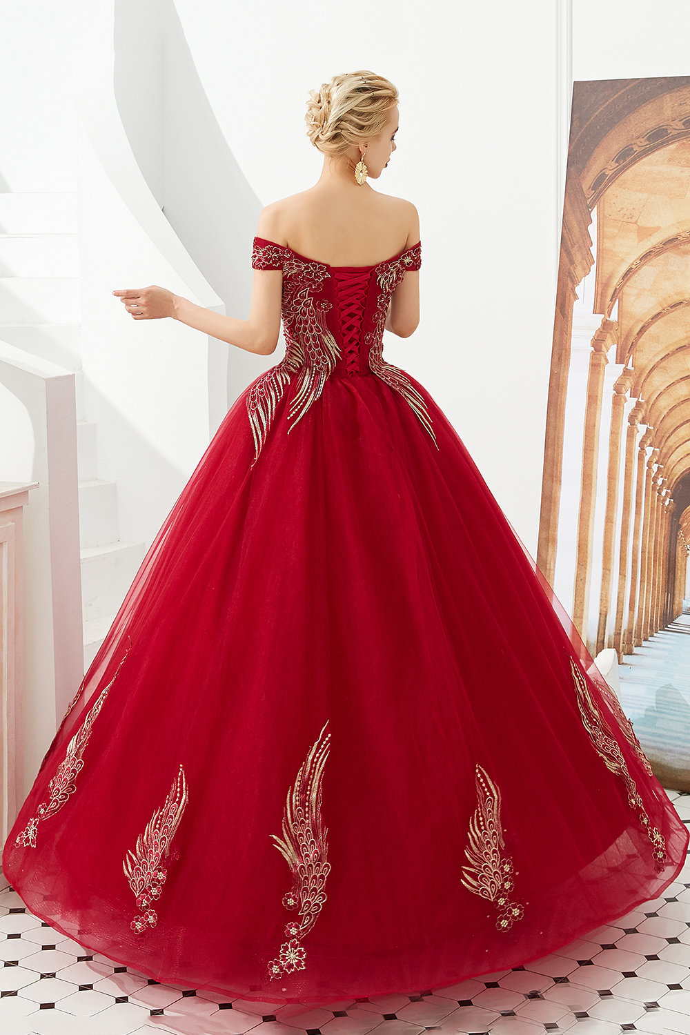 Ball Gown Off-the-shoulder Cap Sleeves Sweep / Brush Train Tulle Formal Dress With Beading 9