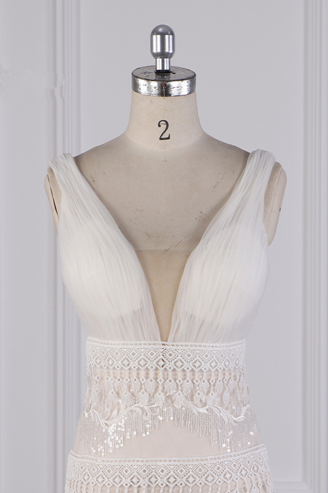 Column V-neck Sleeveless Floor-length Tulle Bridal Dress With Sequins 4