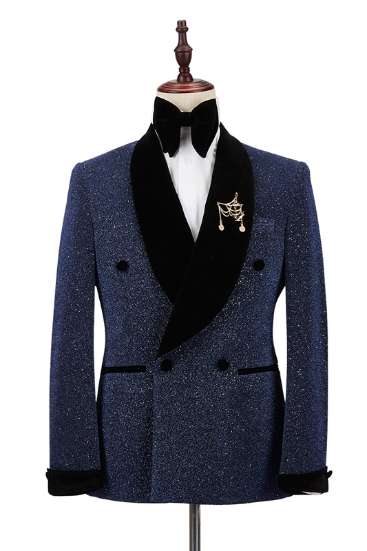 Wedding Sparkle Dark Navy Black Double Breasted Suit 1