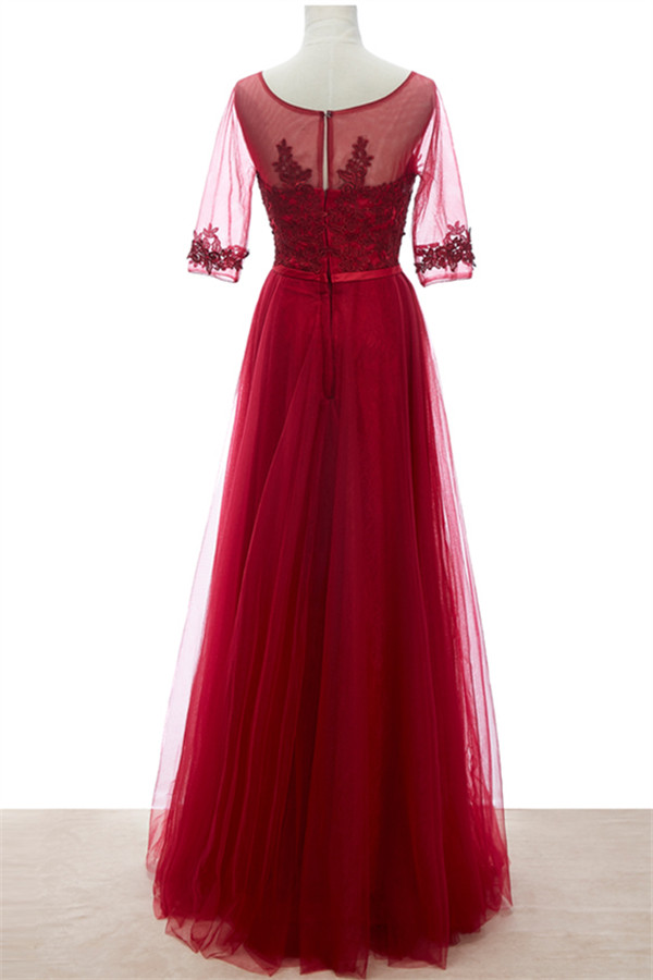 A-line Jewel Neck Half-Sleeves Floor-length Tulle Bridesmaid Gown With Lace 3