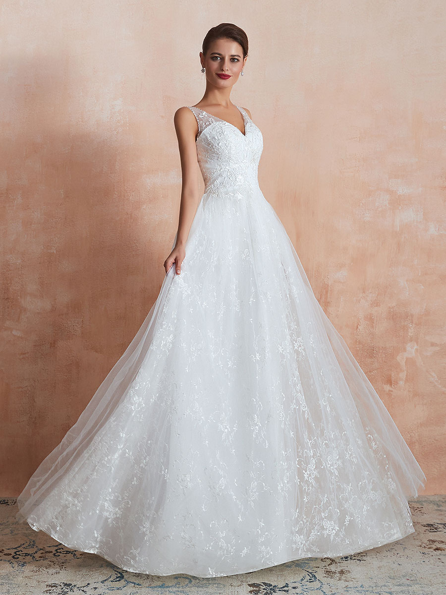 A-line V-neck Sleeveless Floor-length Lace Bridal Dress With Lace 6