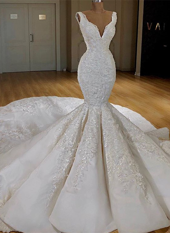 Mermaid V-neck Sleeveless Floor-length Bridal Gown With Lace 1