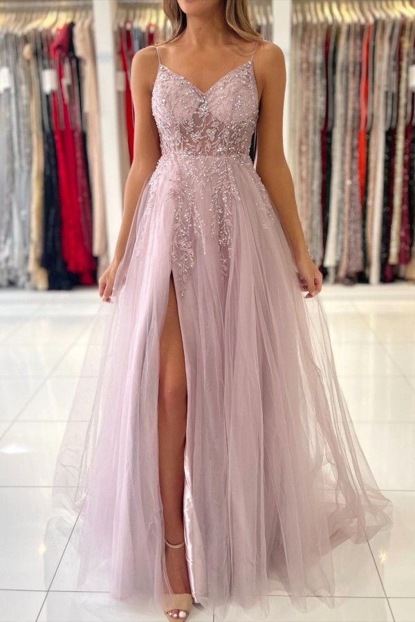 Column Spaghetti Straps Sleeveless Floor-length Tulle Evening Gown With Beading 2