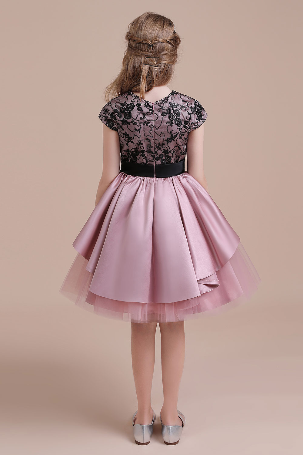 A-line Jewel Neck Short Sleeves Knee-length Satin Flower Girl Dress With Lace 8