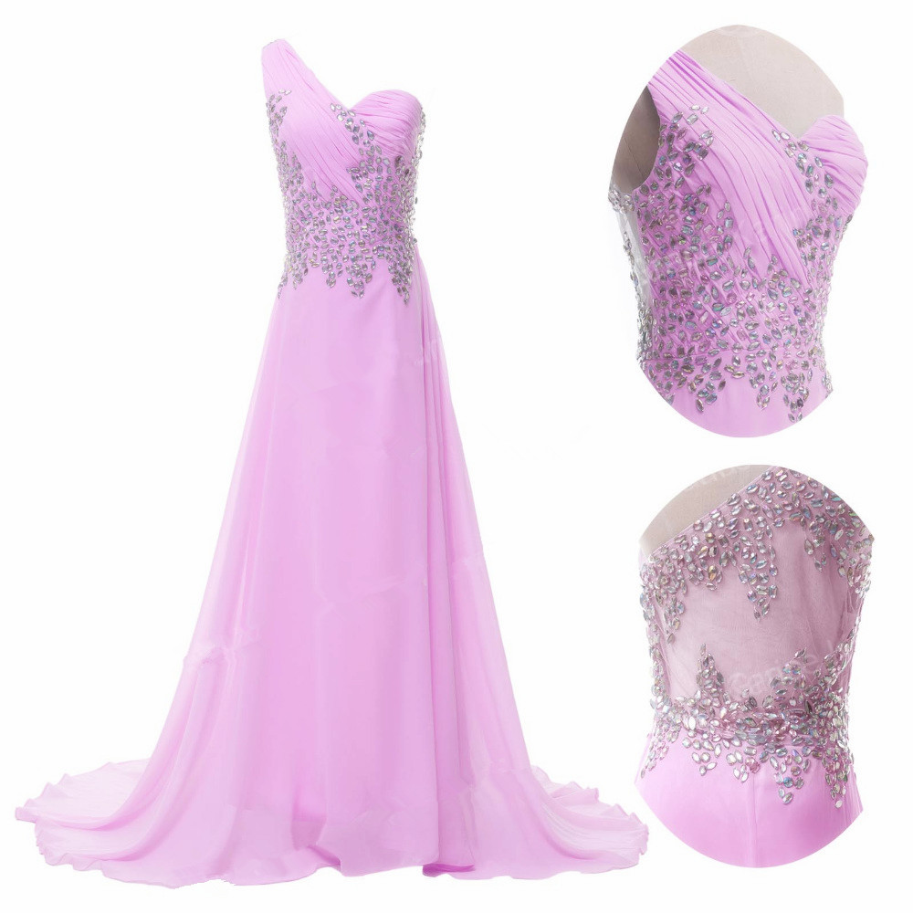 A-line One Shoulder Sleeveless Sweep / Brush Train 100D Chiffon Evening Gown With Crystal 4