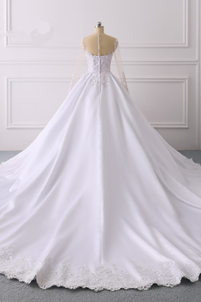 Ball Gown Jewel Neck Long Sleeves Floor-length Satin Wedding Dress With Lace 2