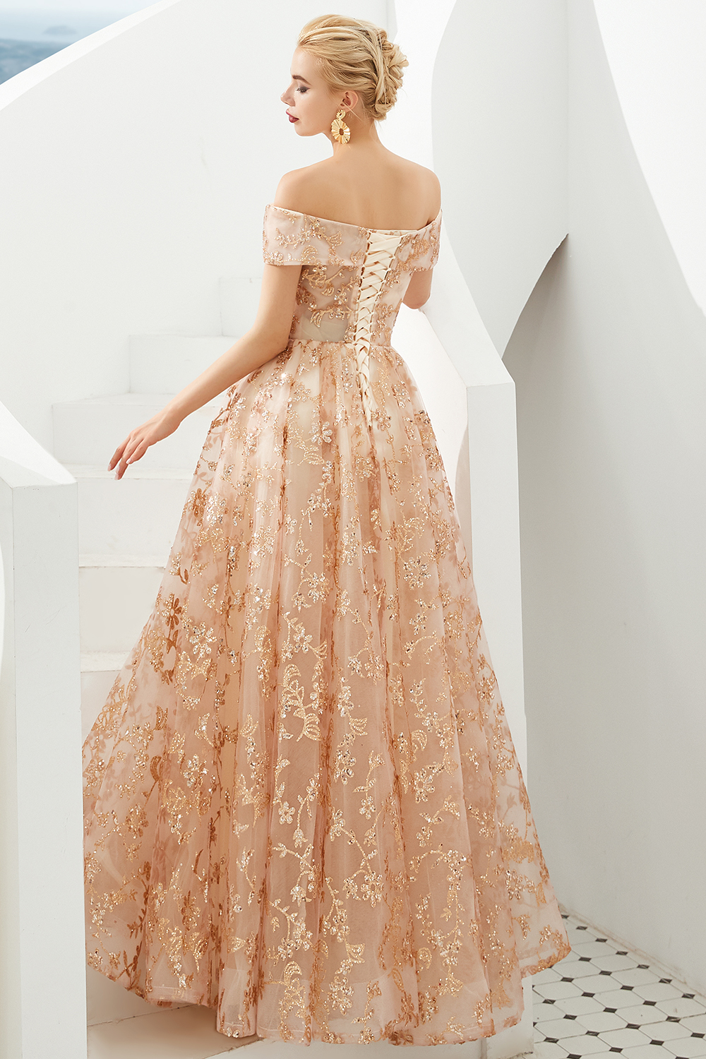 Ball Gown Off-the-shoulder Cap Sleeves Sweep / Brush Train Tulle Formal Dress With Sequins 8