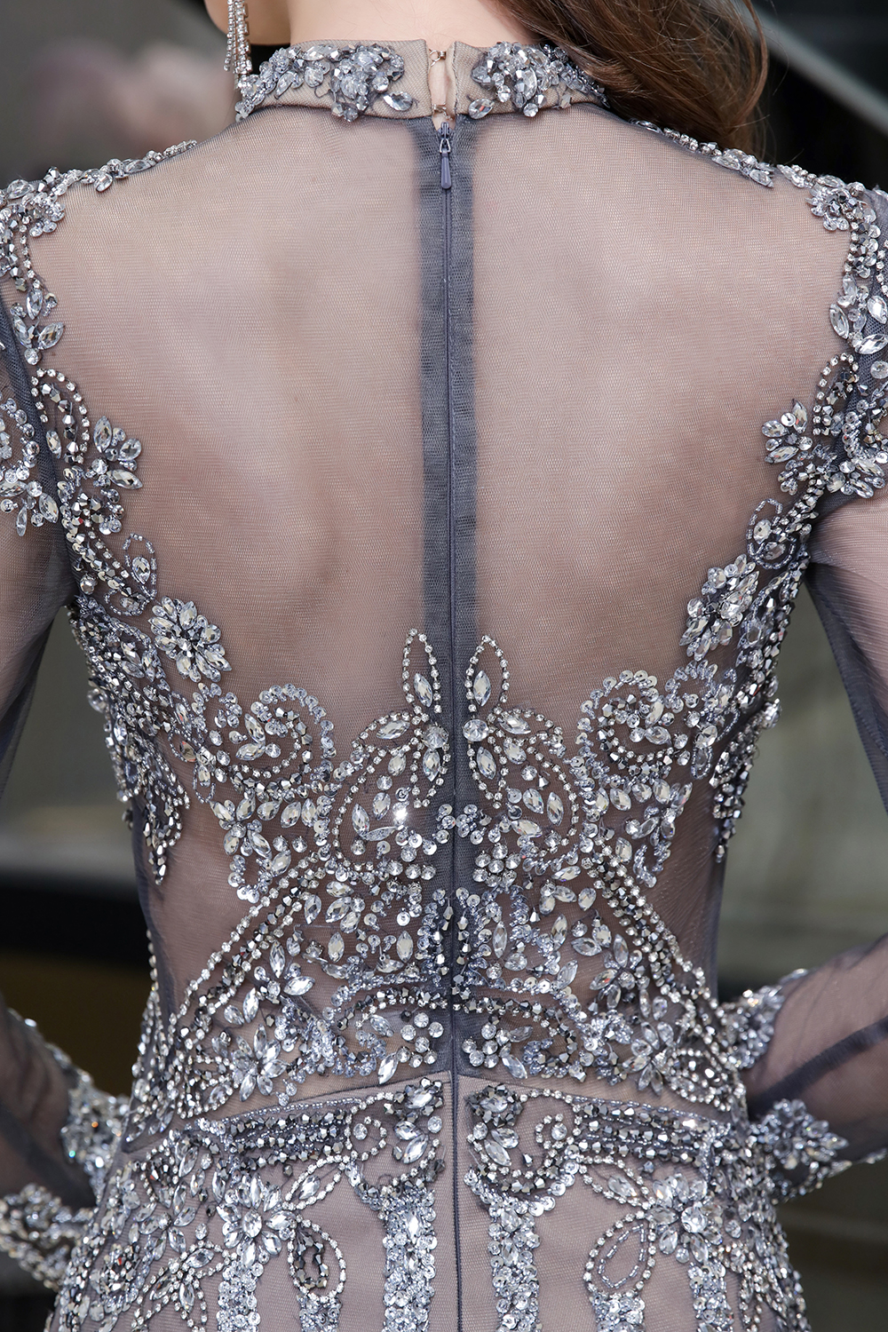 Mermaid High Neck Long Sleeves Sweep / Brush Train Tulle Evening Gown With Beading 8