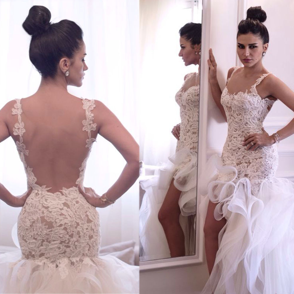 Column Scoop Neck Sleeveless Sweep / Brush Train Organza Wedding Gown With Lace 3