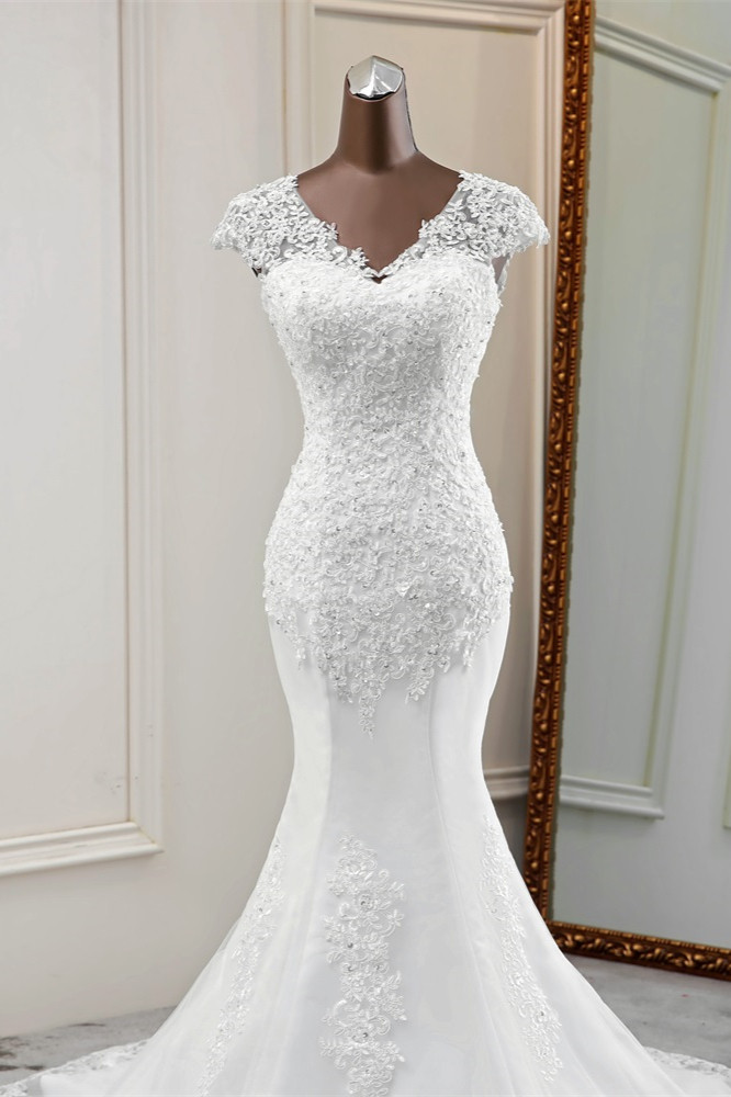 Mermaid V-neck Sleeveless Floor-length Tulle Wedding Dress With Lace 5