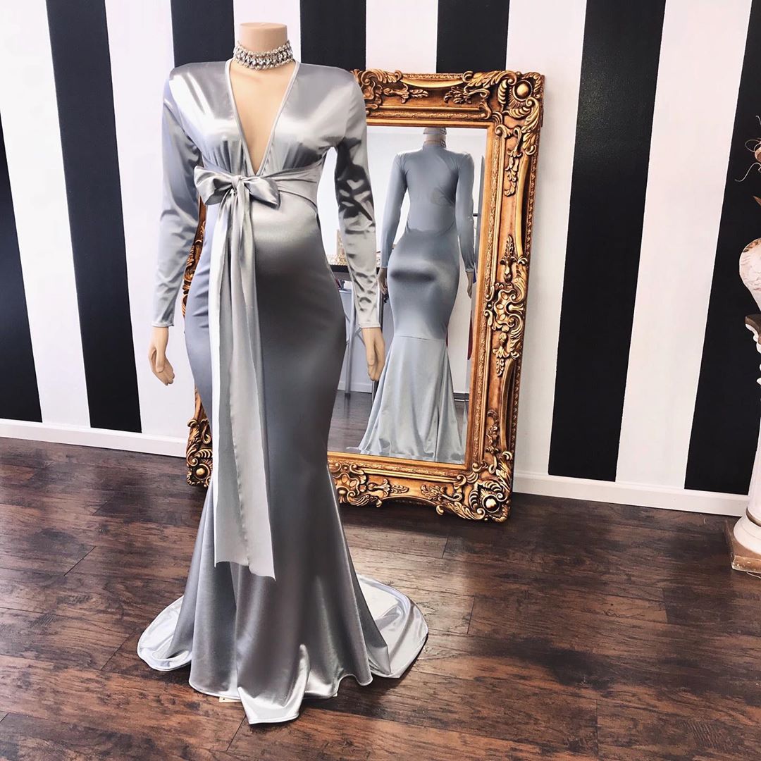 V-neck Long Sleeves Floor-length Stretch Satin Evening Dress 2