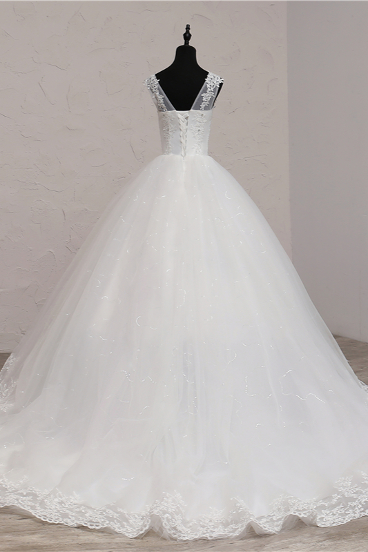 V-neck Sleeveless Floor-length Tulle Bridal Dress With Appliques 2